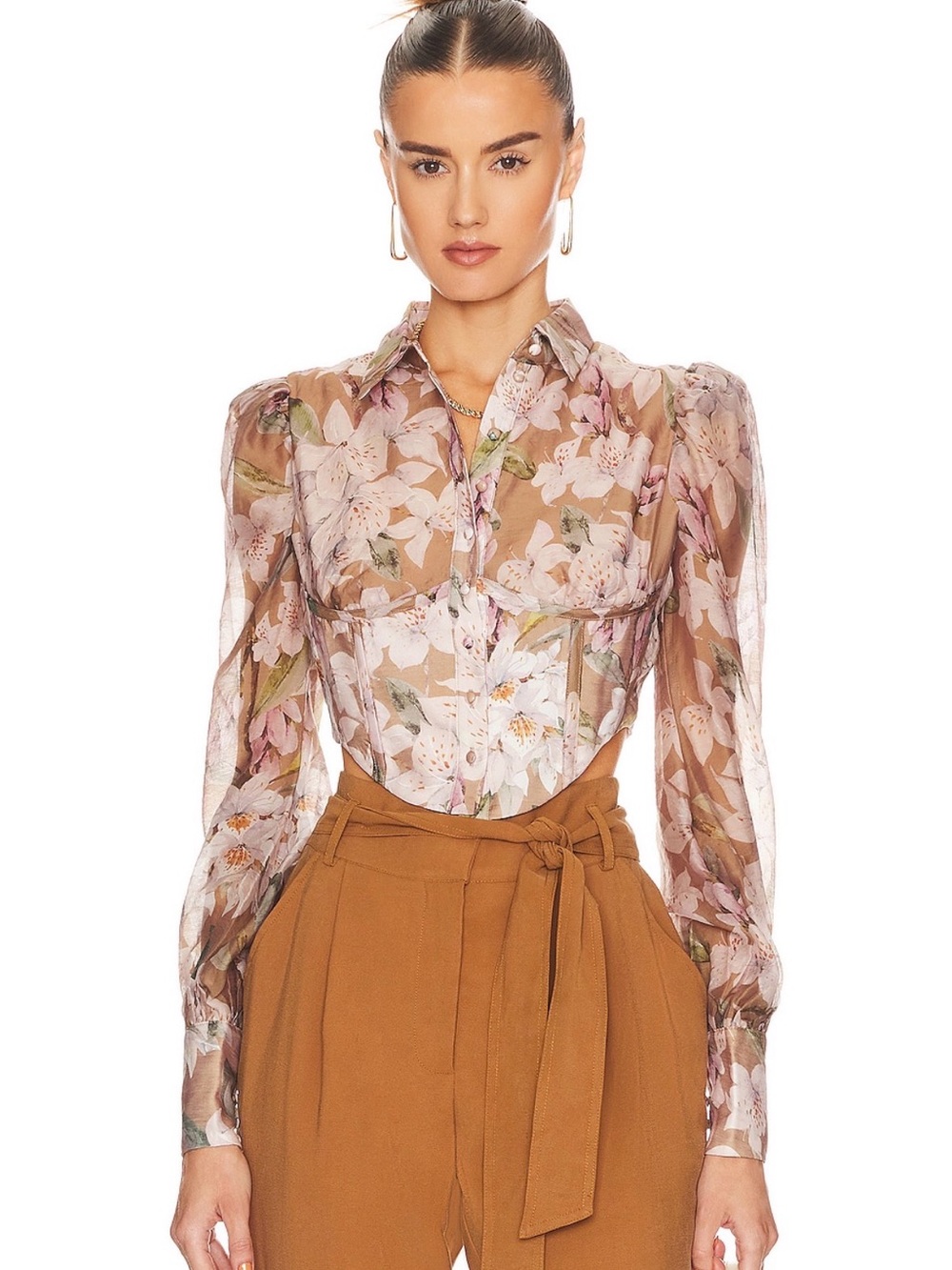Bardot Sheer Floral Puff-Sleeve Blouse in Pink and Brown